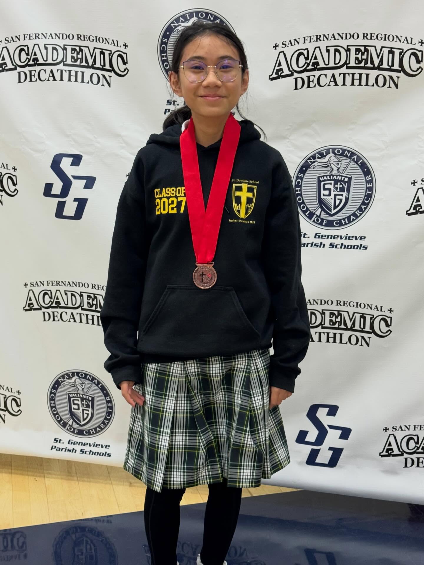 Congratulations to Vanessa Valde - 7th grade who placed 3rd in individual- Fine Arts at the 2026 Academic Decathalon. 
We are so proud of you and your hard work! 
GO SAINTS! 💚