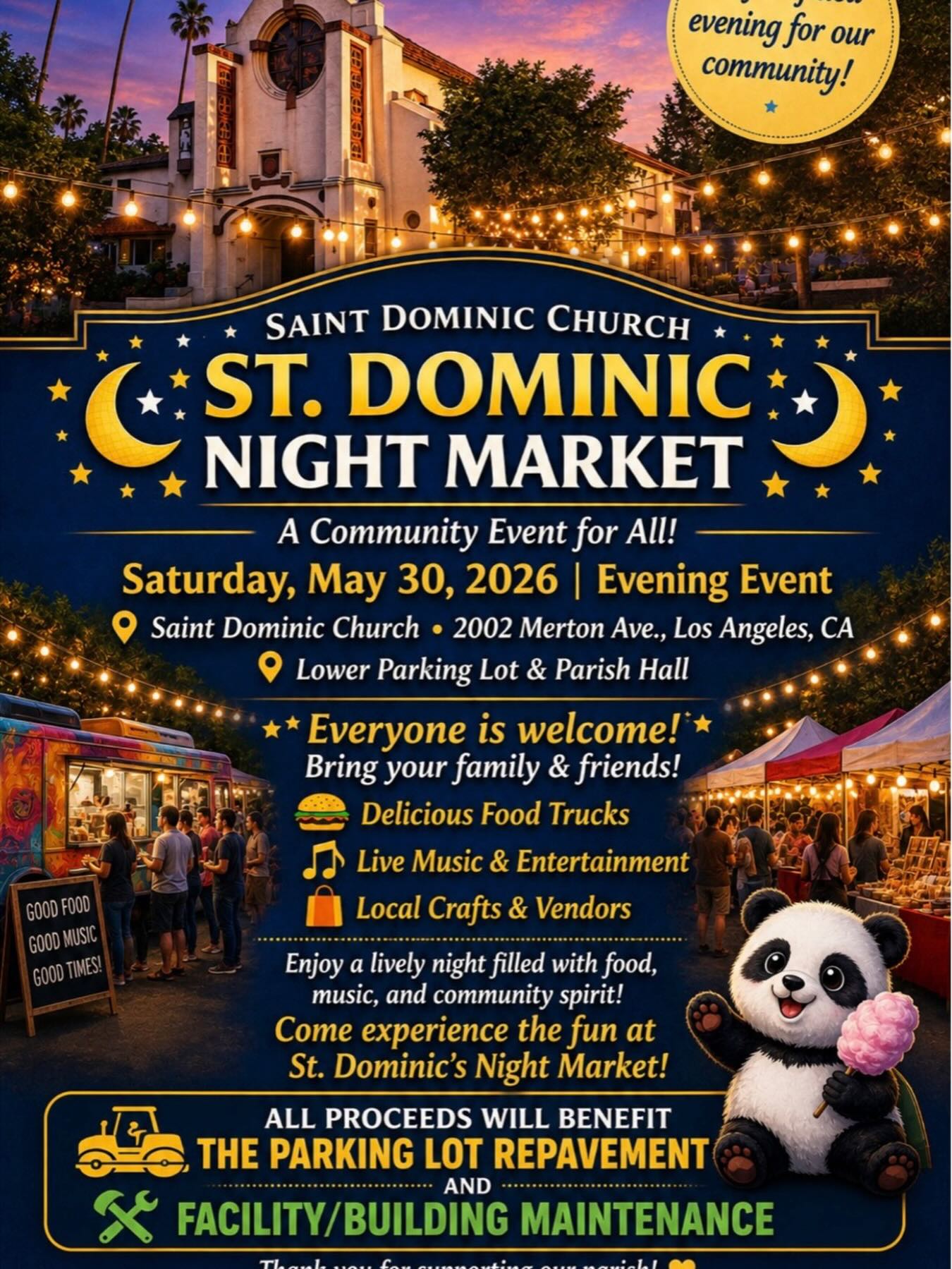 St. Dominic Parish Night Market 💫
Join us for 5 pm mass featuring the St. Dominic School Choir and then head on over to the Night Market! 

Hope to see you all there!