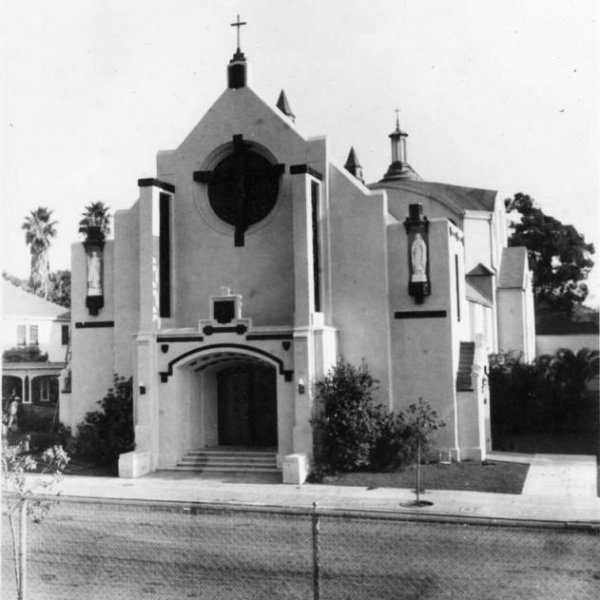 Exterior view of St. Dominic Catholic Church. St. Dominic's Catholic school was founded in